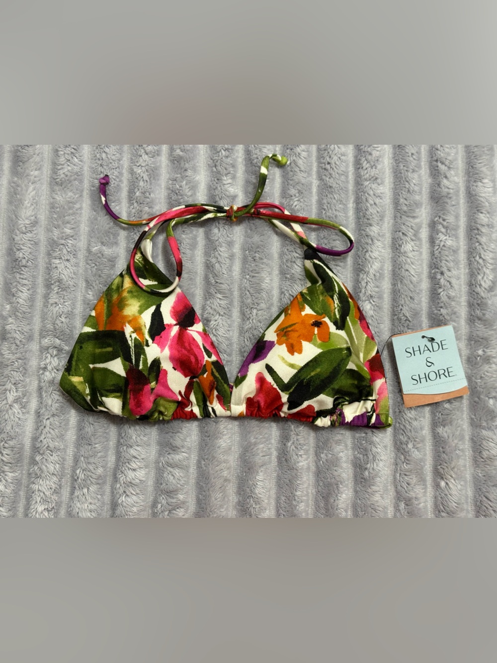 Shade & Shore Floral Triangle Bikini Top in Green, Pink, Orange